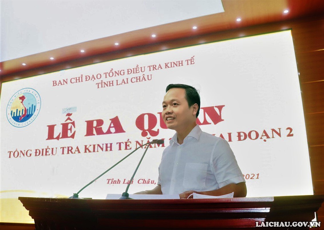 Đồng chí Trần Tiến Dũng - Chủ tịch UBND tỉnh, Trưởng Ban Chỉ đạo Tổng điều tra kinh tế tỉnh Lai Châu phát biểu chỉ đạo tại buổi Lễ.