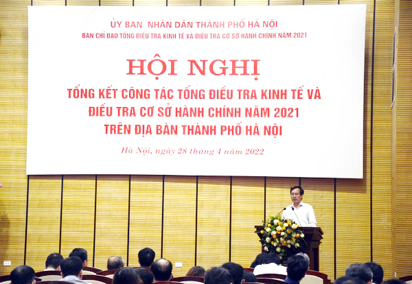 Ông Nguyễn Trung Tiến, Phó Tổng cục trưởng TCTK, Phó trưởng BCĐ Tổng điều tra kinh tế Trung ương phát biểu tại Hội nghị